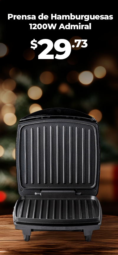 Banner de Navidad Mundo Total con ofertas especiales, invitando a comprar prensa de hamburguesas Admiral