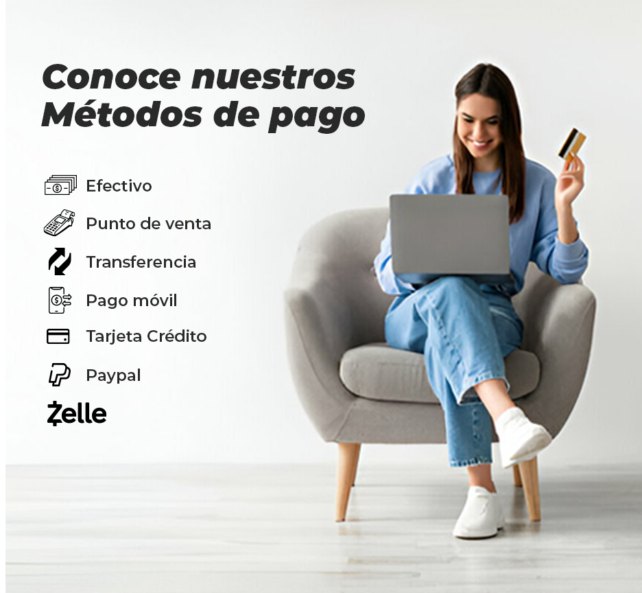 Mujer sonriente usando su computadora portátil para realizar una compra en línea. Se muestra una lista de los métodos de pago disponibles en Mundo Total, incluyendo efectivo, tarjeta de crédito, PayPal y Zelle.
