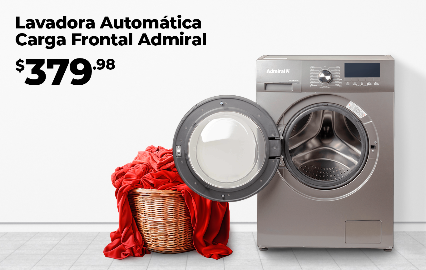 Lavadora automática Admiral de carga frontal 7 kg, diseño eficiente y ahorro de energía.