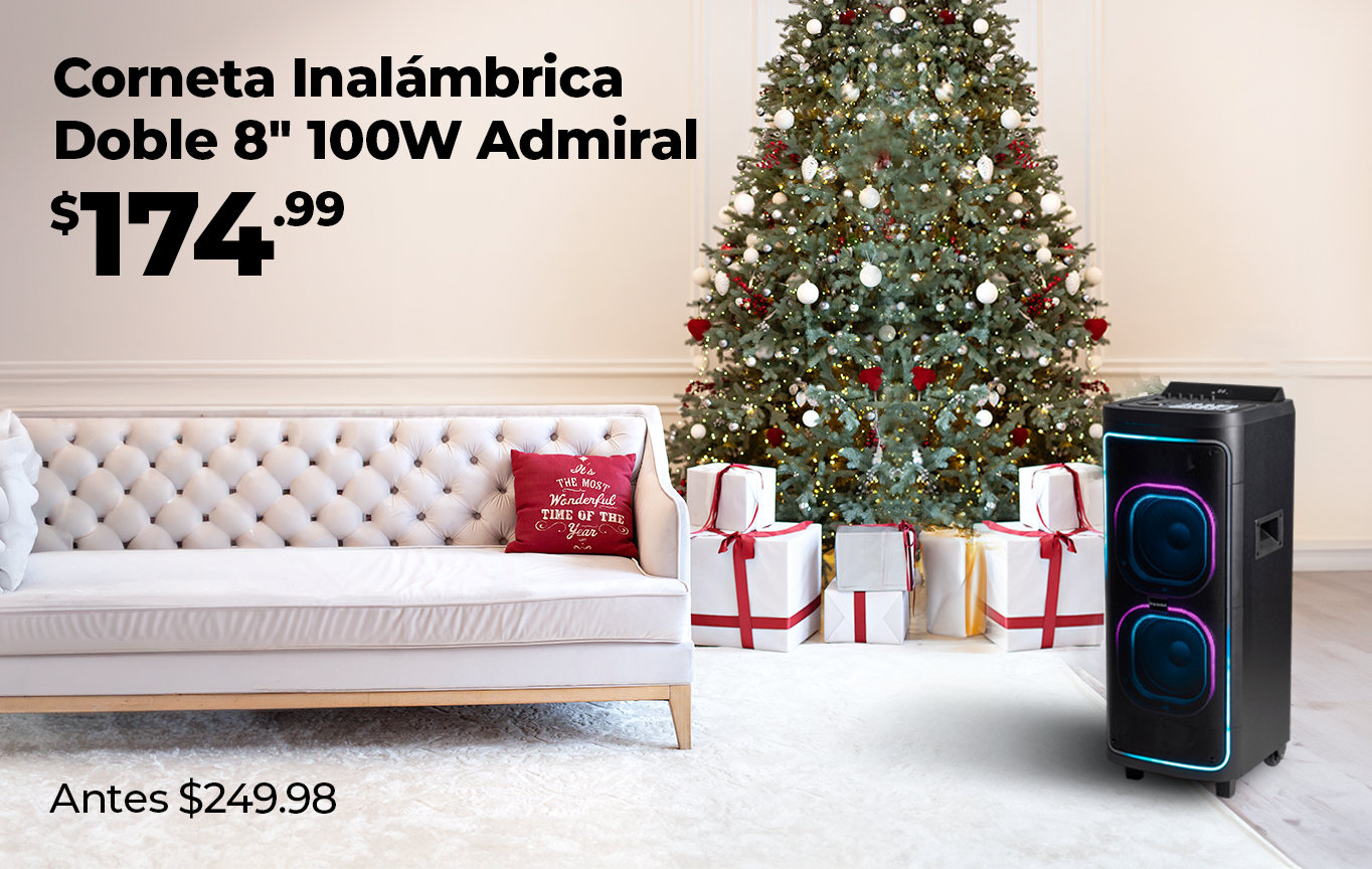 Banner navideño Mundo Total con árbol de Navidad, mostrando corneta inalámbrica doble Admiral de 8 pulgadas y 100W, ofertas del 01 al 15 de diciembre
