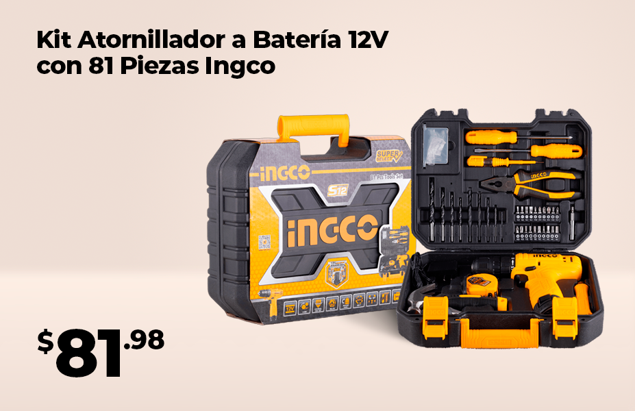 Kit Atornillador a Batería 12V con 81 Piezas Ingco