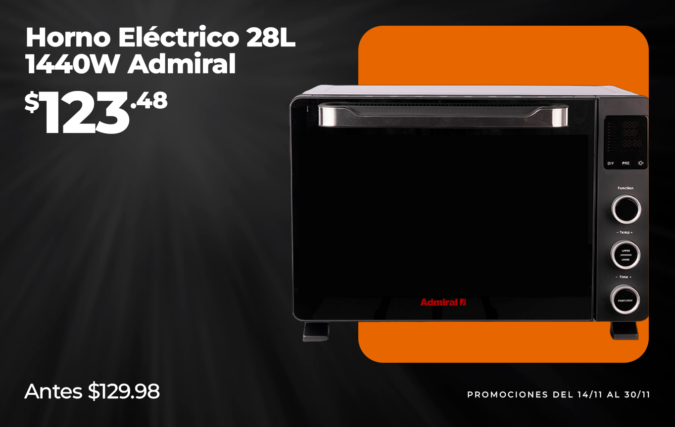 Horno eléctrico Admiral de 28 litros, compacto y eficiente para hornear, tostar y gratinar en casa